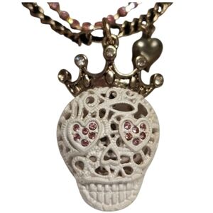 ☠️Sugar Skull Necklace/Pendant White w/Pink Rhinestone Accents Betsey - NWOT